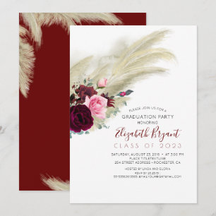 Invitation Pampas Grass Burgundy Red Floral Graduation