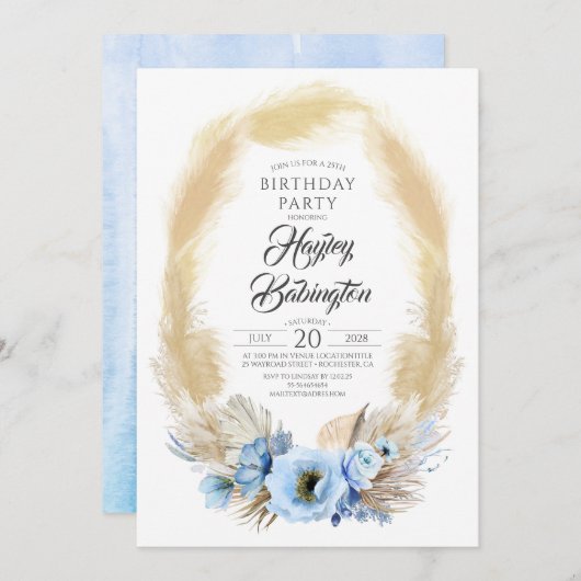 Invitation Pampas Grass Dusty Blue Fleurs Anniversaire (Devant / Derrière)