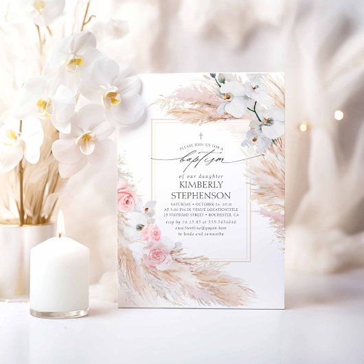 Invitation Pampas Grass et Orchidées Blanches Baptême tropica