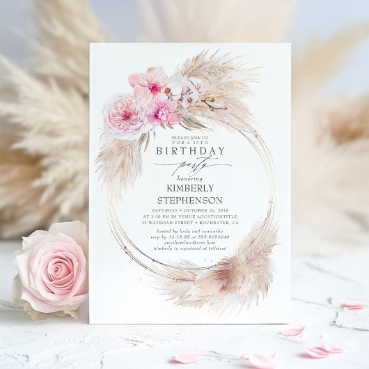 Invitation Pampas Grass et Pink Orchid Exotic Anniversaire