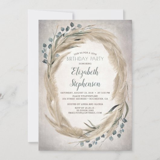Invitation Pampas Grass et verdure Boho Chic Anniversaire (Devant)
