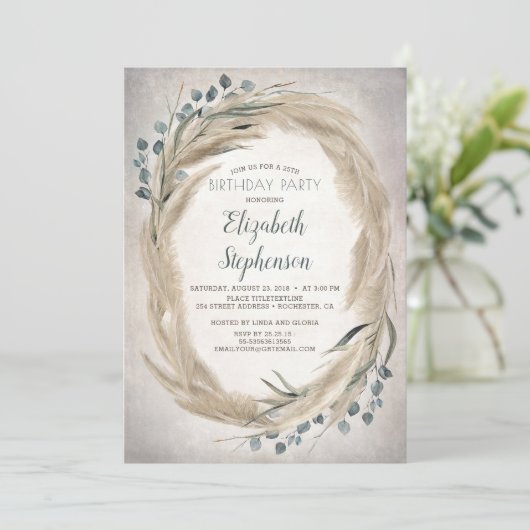 Invitation Pampas Grass et verdure Boho Chic Anniversaire (Debout devant)
