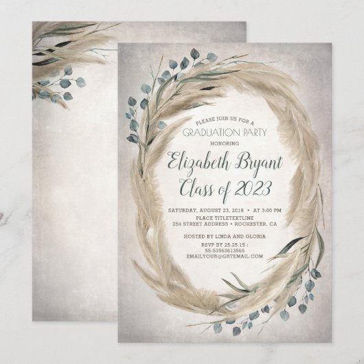 Invitation Pampas Grass et verdure Boho Chic Graduation (Devant / Derrière)
