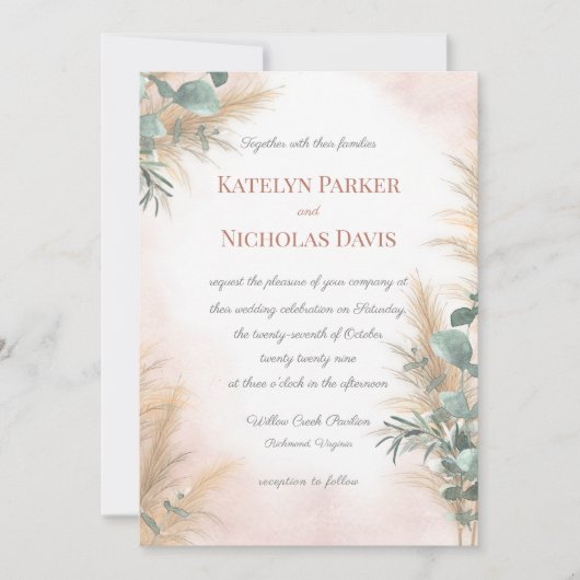 Invitation Pampas Grass Eucalyptus Vert Boho Mariage Invi (Devant)