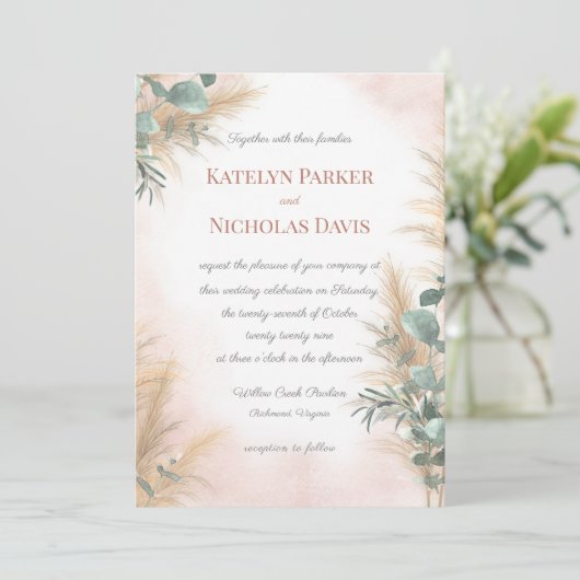 Invitation Pampas Grass Eucalyptus Vert Boho Mariage Invi (Debout devant)