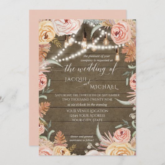 Invitation Pampas Grass Floral Edison illumine Mariage rustiq (Devant / Derrière)