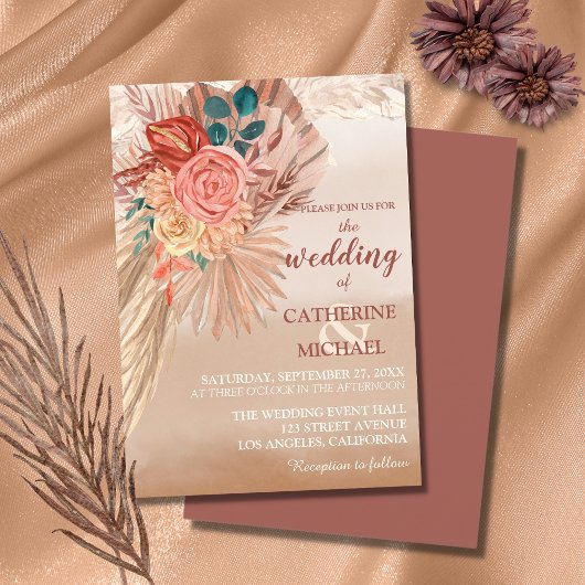 Invitation Pampas Grass Floral Terracotta Boho Chic Mariage