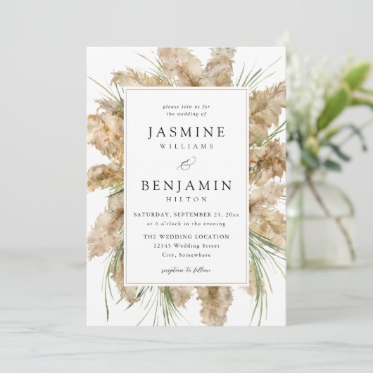 Invitation Pampas Grass & Green Mariage 2 (Debout devant)