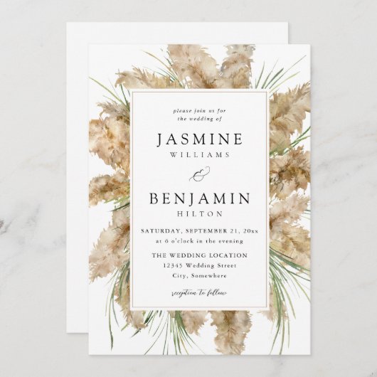 Invitation Pampas Grass & Green Mariage 2 (Devant / Derrière)