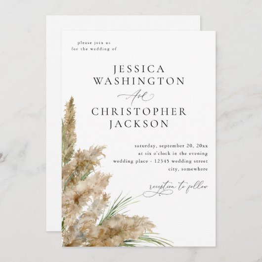 Invitation Pampas Grass & Mariage de verdure (Devant / Derrière)