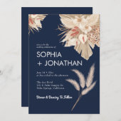 Invitation Pampas Grass Marine Bleu Mariage Moderne Chic (Devant / Derrière)
