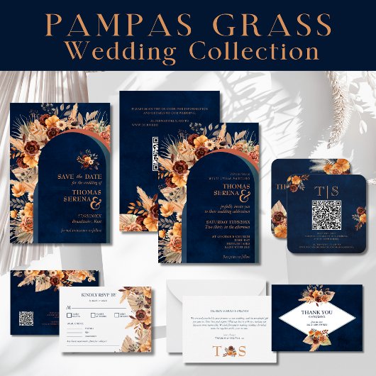 Invitation Pampas Grass Navy Blue Terracotta Fall QR Code