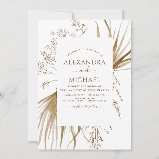 Invitation Pampas Grass Photo Bohemian Boho Mariage (Devant)