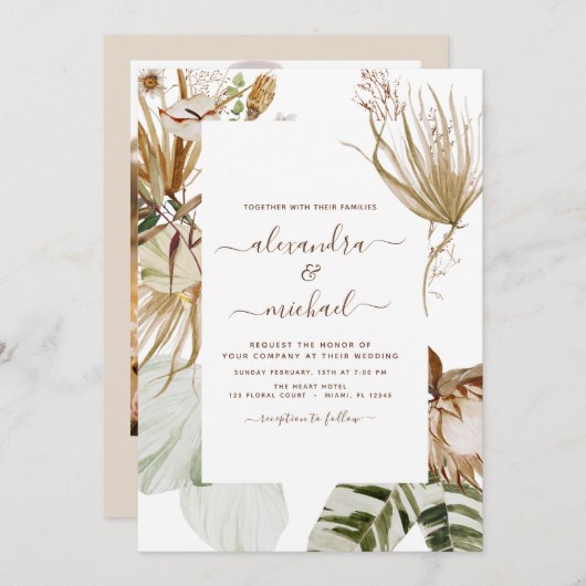 Invitation Pampas Grass Photo Bohemian Boho Mariage tropical (Devant / Derrière)