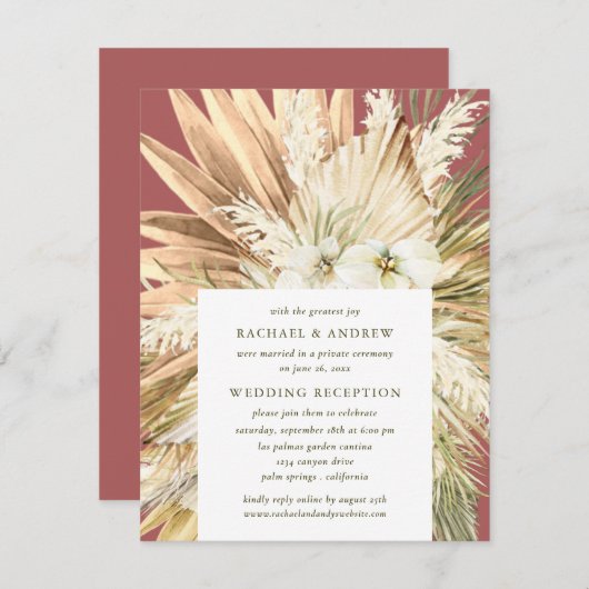 Invitation Pampas Grass Post Wedding Réception Moderne Boho (Devant / Derrière)