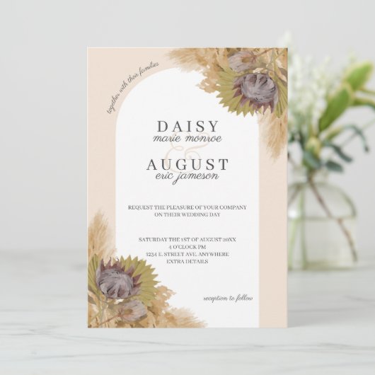 Invitation Pampas Grass Protea Script Photo Mariage (Debout devant)
