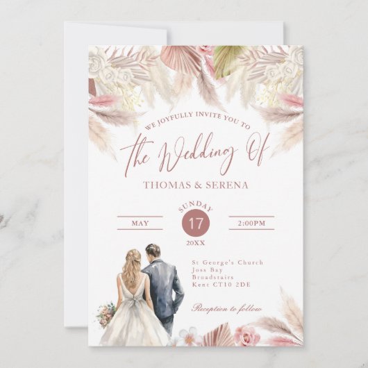 Invitation Pampas Grass QR Code Tout en un Mariage Boho (Devant)