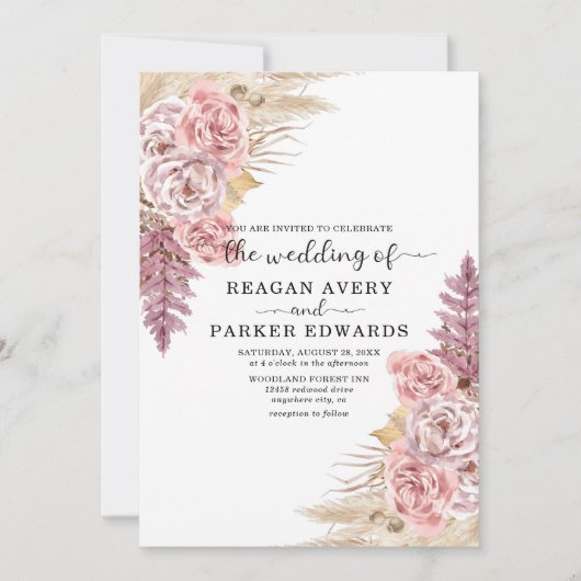 Invitation Pampas Grass Rose et Purple Mariage (Devant)