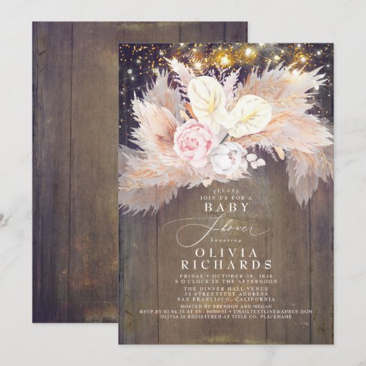 Invitation Pampas Grass rose Floral Baby shower rustique (Devant / Derrière)