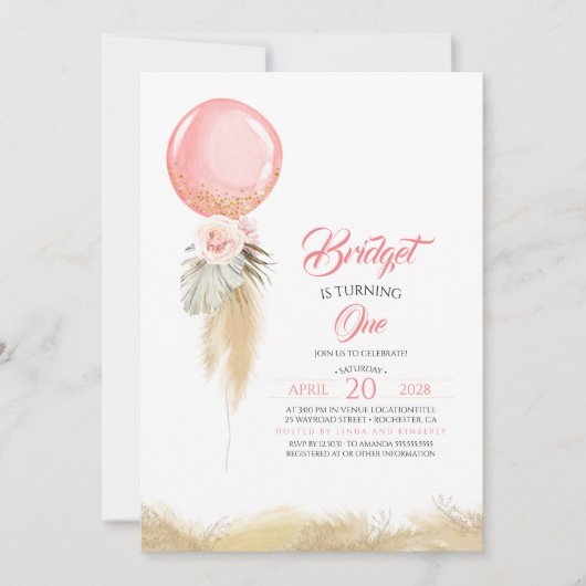 Invitation Pampas Grass rose Floral Balloon Exotique Annivers (Devant)