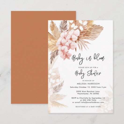 Invitation Pampas Grass rose Floral Girl Baby shower (Devant / Derrière)