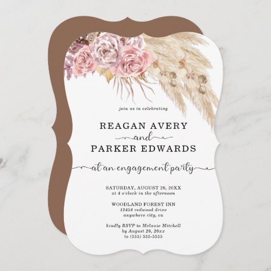 Invitation Pampas Grass Rose Floral Purple Fiançailles (Devant / Derrière)