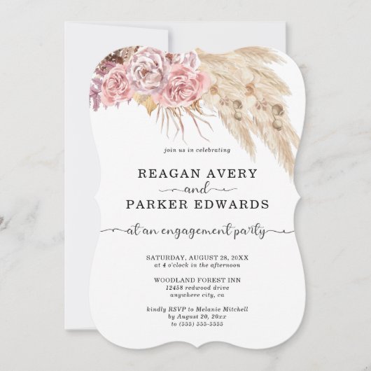 Invitation Pampas Grass Rose Floral Purple Fiançailles (Devant)