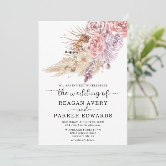 Invitation Pampas Grass Rose Floral Purple Mariage (Debout devant)