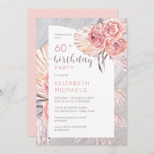 Invitation Pampas Grass  Rose rose fleurit 60e fête d'anniver