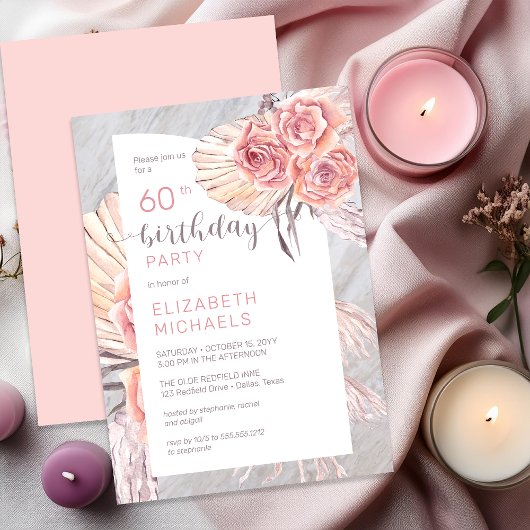 Invitation Pampas Grass |Rose rose fleurit 60e fête d'anniver