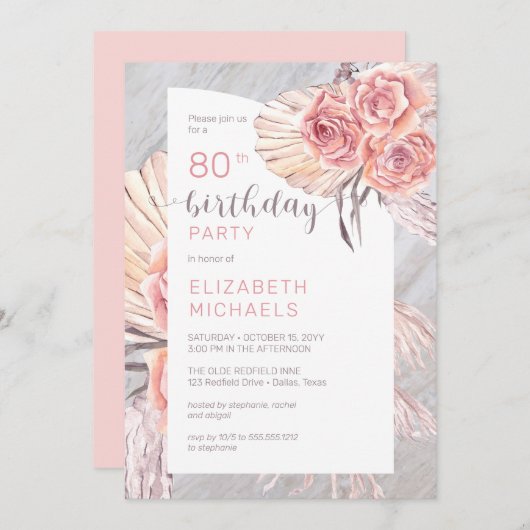 Invitation Pampas Grass |Rose rose fleurit 80e fête d'anniver (Devant / Derrière)