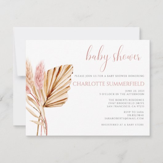 Invitation Pampas Grass Rustic Boho Baby shower Floral (Devant)