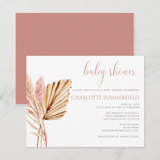 Invitation Pampas Grass Rustic Boho Baby shower Floral (Devant / Derrière)