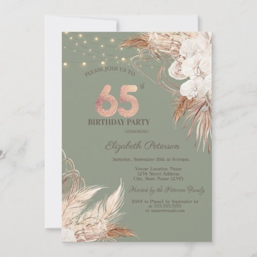 Invitation Pampas Grass Sage Green 65th Birthday (Devant)