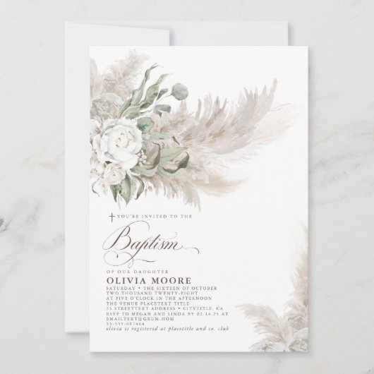 Invitation Pampas Grass Sage Verdure Floral Baptême (Devant)