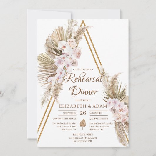 Invitation Pampas Grass séché Palm Blush Rose Gold Rehearsal (Devant)