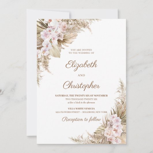 Invitation Pampas Grass séché Palm Blush Rose Mariage orchidé (Devant)