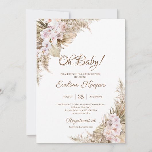 Invitation Pampas Grass séché Palm Blush Rose Orchid Oh Baby (Devant)
