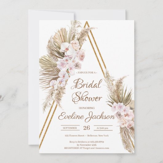 Invitation Pampas Grass séché Palm Dusty Rose Gold Bridal (Devant)