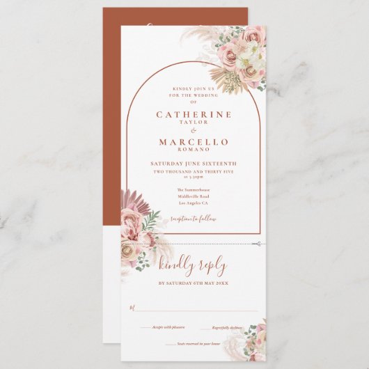 Invitation Pampas Grass Terracotta All In One Mariage Invitat (Devant / Derrière)