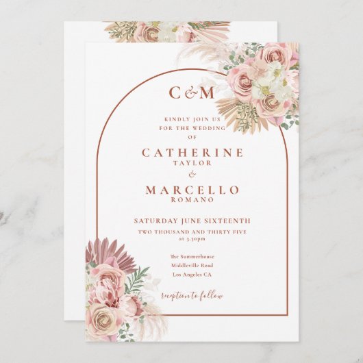 Invitation Pampas Grass Terracotta Arch Monogramme Mariage (Devant / Derrière)