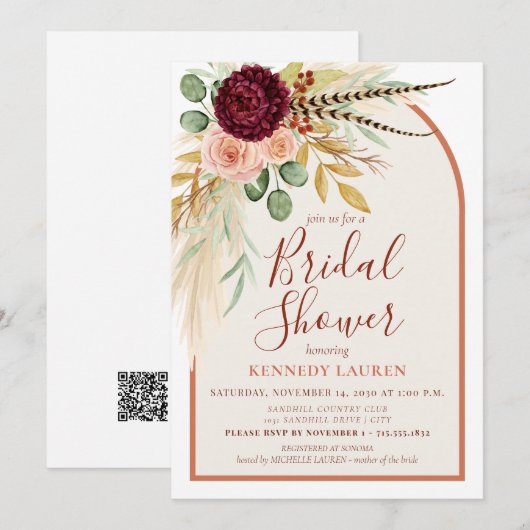 Invitation Pampas Grass Terracotta Bridal Shower QR Code (Devant / Derrière)
