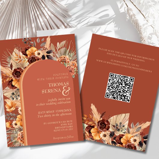 Invitation Pampas Grass Terracotta Fall Rust QR Code Mariage