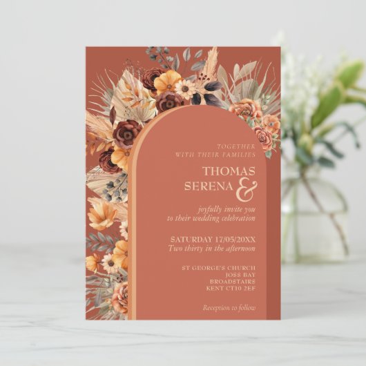 Invitation Pampas Grass Terracotta Fall Rust QR Code Mariage (Debout devant)