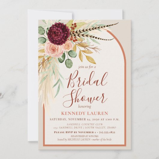 Invitation Pampas Grass Terracotta Floral Boho Bridal Shower (Devant)