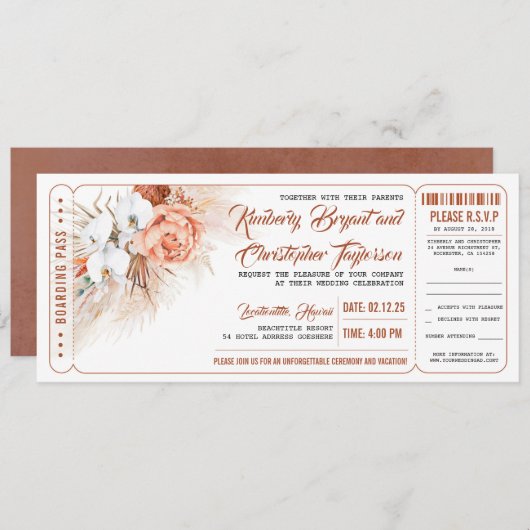 Invitation Pampas Grass Terracotta Floral Mariage Billet (Devant / Derrière)