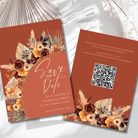 Invitation Pampas Grass Terracotta QR Code Enregistrer La Dat
