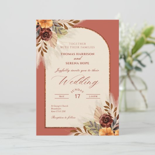 Invitation Pampas Grass Terracotta Rust Arch Mariage (Debout devant)