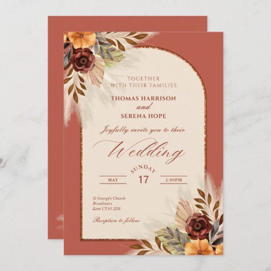 Invitation Pampas Grass Terracotta Rust Arch Mariage (Devant / Derrière)