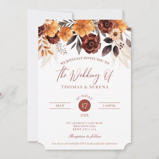 Invitation Pampas Grass Terracotta Rust Fall QR Code Mariage (Devant)